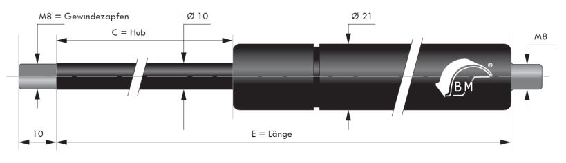 Gasdruckfeder 10 mm Kolbenstange, 21 mm Druckrohr und M8 Gewinde