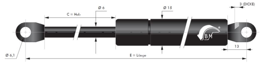 Gasdruckfeder 6 mm Kolbenstange, 15 mm Druckrohr und angeschweißtes Auge