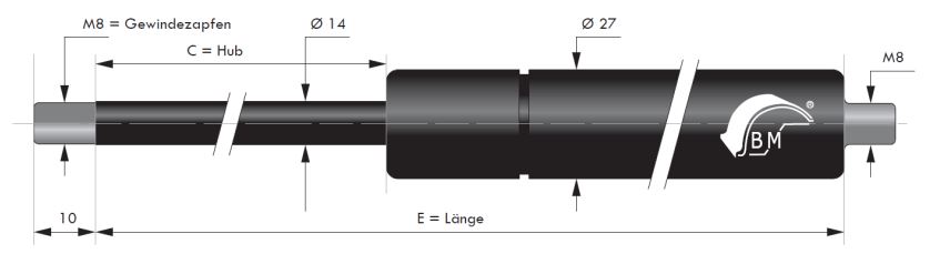 Gasdruckfeder 14 mm Kolbenstange, 27 mm Druckrohr und M8 Gewinde