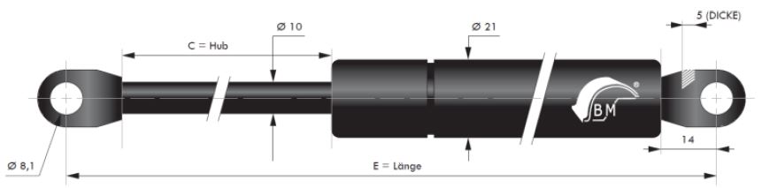 Gasdruckfeder 10 mm Kolbenstange, 21 mm Druckrohr und angeschweißtes Auge, 250 mm, 585 mm