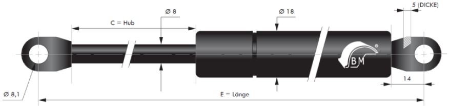 Gasdruckfeder 8 mm Kolbenstange, 18 mm Druckrohr und angeschweißtes Auge