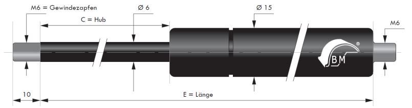 Gasdruckfeder 6 mm Kolbenstange, 15 mm Druckrohr und M6 Gewinde