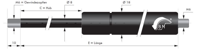 Gasdruckfeder 8 mm Kolbenstange, 18 mm Druckrohr und M6 Gewinde