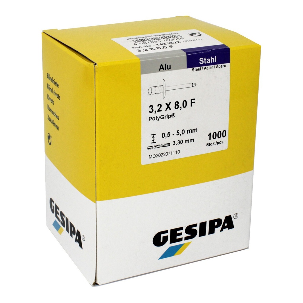 Blindnieten Alu/Stahl 3,2x8,0mm 3,0-5,5