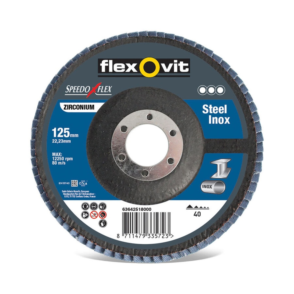 Flexovit Fächerschleifer/Lameller 125mm K40 Inox/Alu Zirkon, Glasfaserteller Speedoflex