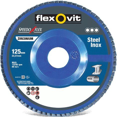 Flexovit Fächerschleifer/Lameller 125mm K60 Inox/Alu Zirkon, Glasfaserteller Speedoflex